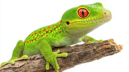 Giant day gecko with its vibrant green body and red spots perched on a branch, isolated on white.