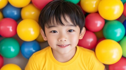 Obraz premium Asian boy with plastic balls around