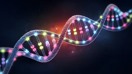 A glowing, three-dimensional double helix DNA strand hovering in a futuristic lab, surrounded by holographic displays of gene sequences, with scientists analyzing data on digital screens.