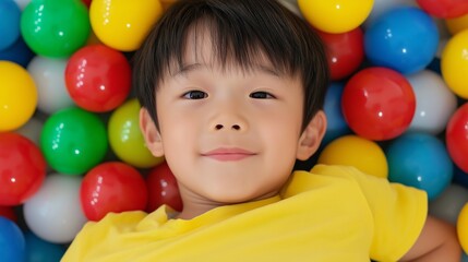 Obraz premium Asian boy with plastic balls around