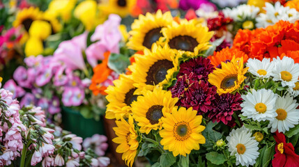 Bright and vibrant flowers including sunflowers, daisies, and various colorful blooms create cheerful and lively atmosphere in this beautiful floral arrangement