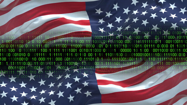 United States of America USA flag - 3D realistic waving flag on matrix digital background with binary code