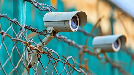 Enhanced security measures, surveillance camera mounted on a sturdy chain link fence for optimal protection