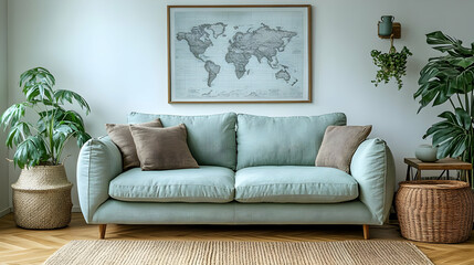 Modern Living Room Decor with Green Sofa, World Map, and Plants