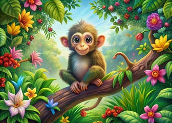 Obraz premium Cartoon Monkey on Tree Branch - Detailed High Resolution Illustration for Kids and Nature Themes