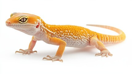 Naklejka premium Leopard gecko with unique morph patterns, standing alert on white with its vivid colors and textures clearly visible.