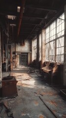 Abandoned Factory Floor with Debris and Broken Objects