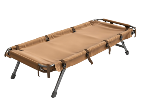 a brown cot with metal legs