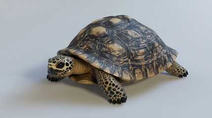 Leopard tortoise slowly moving across the white background, its shell patterns distinct and striking.