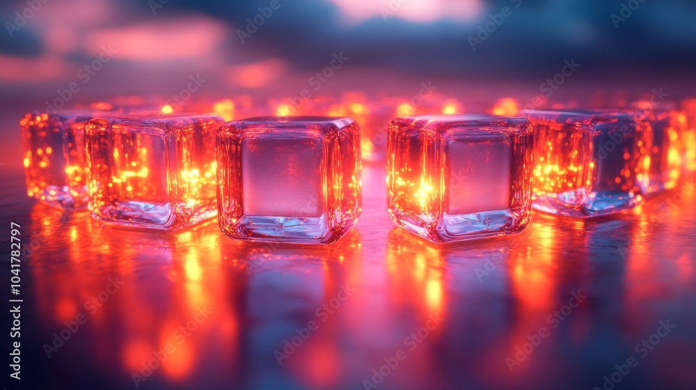 Poster A collection of ice cubes emits a striking red glow, positioned elegantly on a polished surface under soft lighting during twilight, creating an enchanting atmosphere.