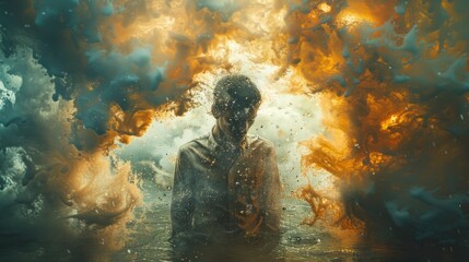 Cloudy thoughts of businessman. Man standing inside head, under cloud with rain, symbolizing mental exhaustion and stress associated with work. Contemporary art.