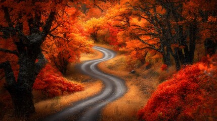 Naklejka premium Peaceful and Serene Orange Farm with Winding Dirt Path Cutting Through the Lush Foliage and Vibrant Autumn Leaves