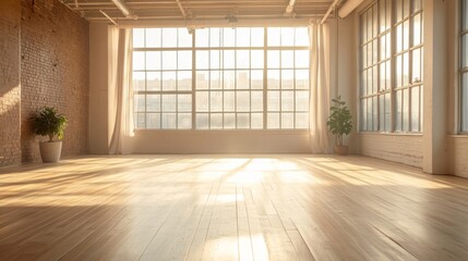 Empty yoga room with wooden floors and big windows, perfect for retreats and classes.