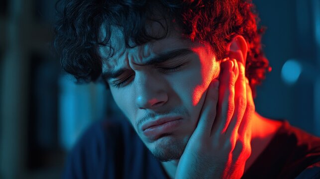 Man with his jaw clenched, holding the side of his head, indicating ear pain, with the ear glowing in red.