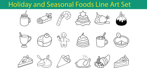 Fototapeta premium Holiday and Seasonal Foods Line Art Set Illustrations