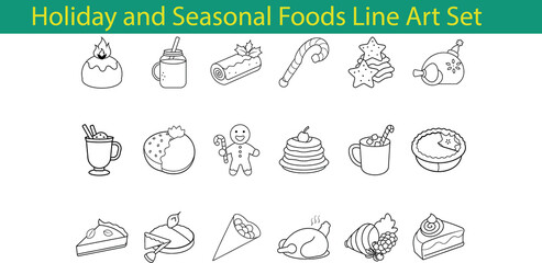 Holiday and Seasonal Foods Line Art Set Illustrations