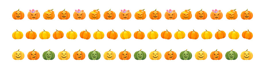 Set of colorful cute pumpkins fun happy excited  emotion expression separator, separate paragraph divide line, separator watercolor illustration.