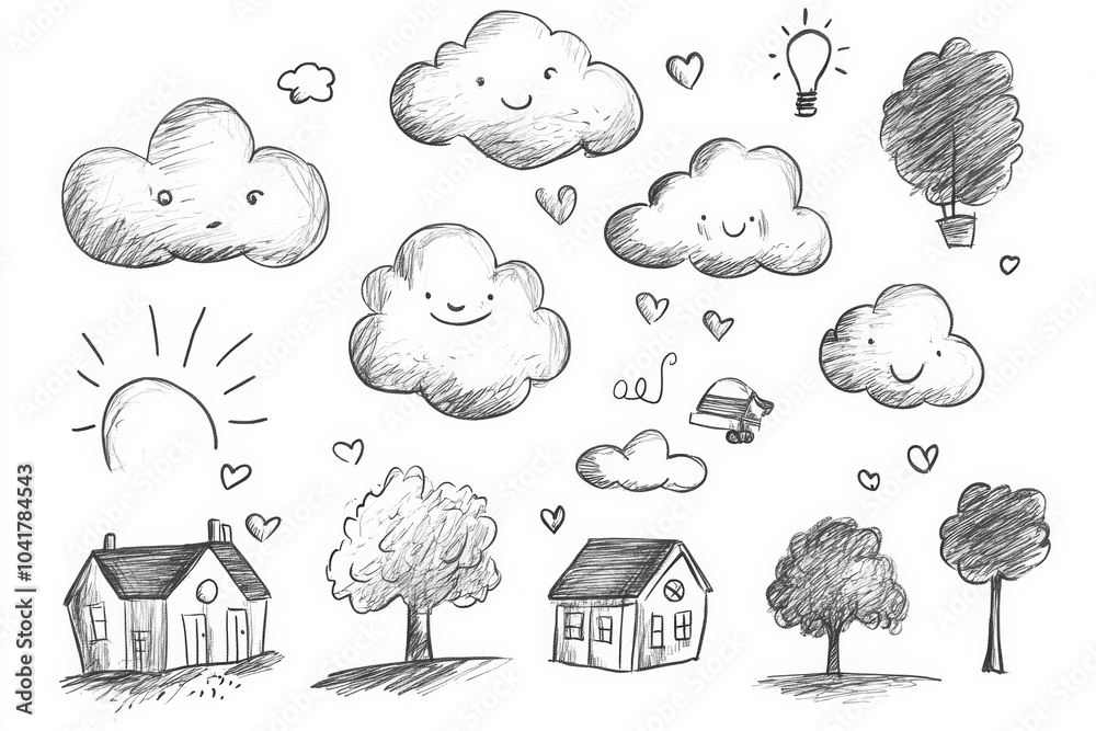 Aufkleber this collection features quick pencil sketches of smiling clouds, trees, and charming houses, all di
