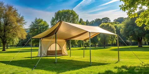 Asymmetrical camping canopy on lawn in summer