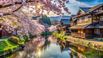 Cherry Blossoms Along Gion Shirakawa River with Traditional Japanese Houses in Spring