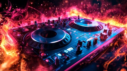 DJ mixer surrounded by colorful flames and smoke