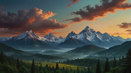 a majestic mountain landscape bathed in the golden light of sunset. Towering snow-capped peaks dominate the scene, their rugged slopes contrasting with the smooth, cloud-filled sky.