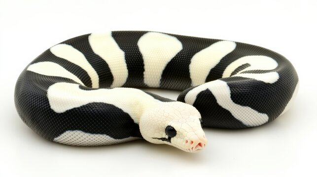 Pied ball python slithering gracefully, with its striking white and black patches standing out on white.