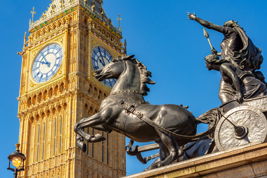 Big Ben tower and Boadicea (Victory) monument on Westminster bridge, London, UK