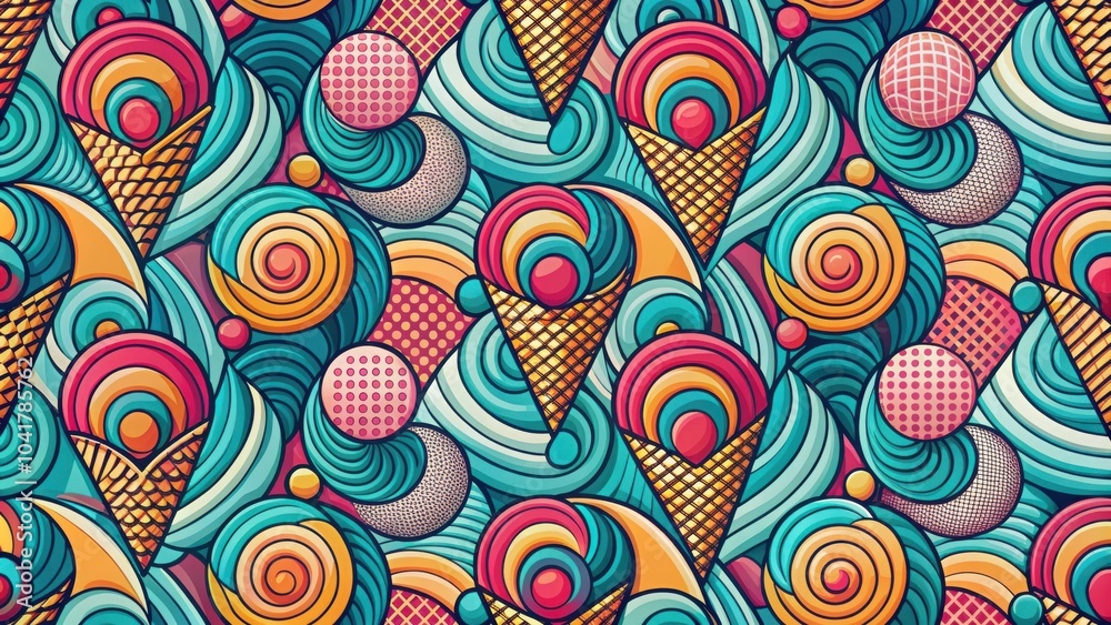 Poster abstract seamless pattern with wavy lines, ice cream cones, and colorful circles