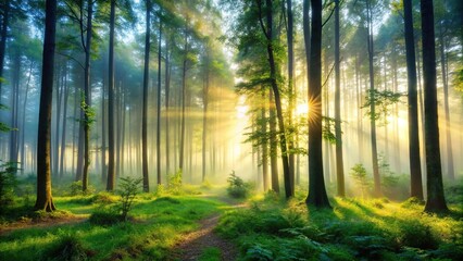 Obraz premium A serene forest with tall trees and a misty atmosphere at dawn, mist, forest
