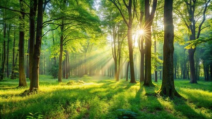 Fototapeta premium A serene forest glade with sunlight filtering through the trees, peaceful surroundings, leafy canopy