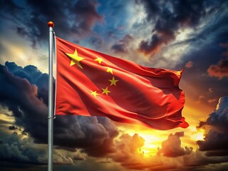 Chinese Flag Against Dramatic Cloudy Sky - Long Exposure Photography for Stunning Visuals
