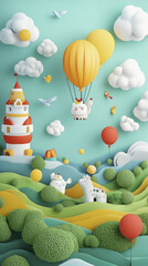 Obraz premium whimsical fantasy world featuring colorful animals, balloons, and fluffy clouds. vibrant landscape includes lighthouse, rolling hills, and playful creatures, creating joyful atmosphere