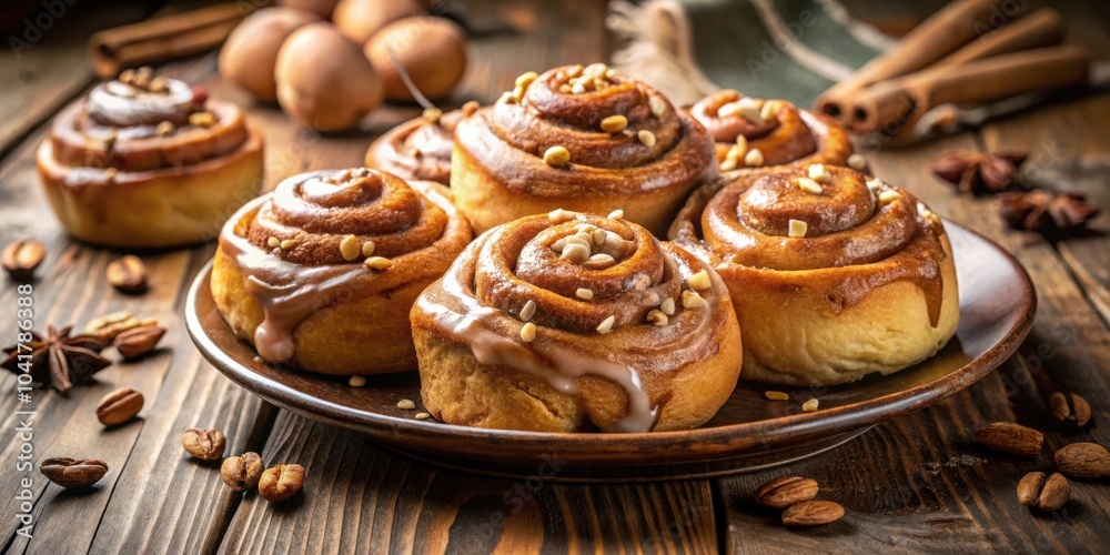 Poster a plate of freshly baked cinnamon rolls with a sweet glaze and sprinkled with chopped nuts sits on a