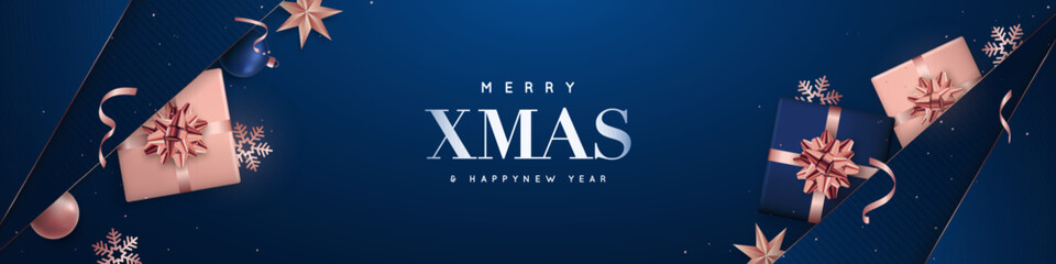 Elegant navy blue Christmas banner with rose gold gifts.
