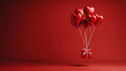 Floating heart-shaped balloons in red background