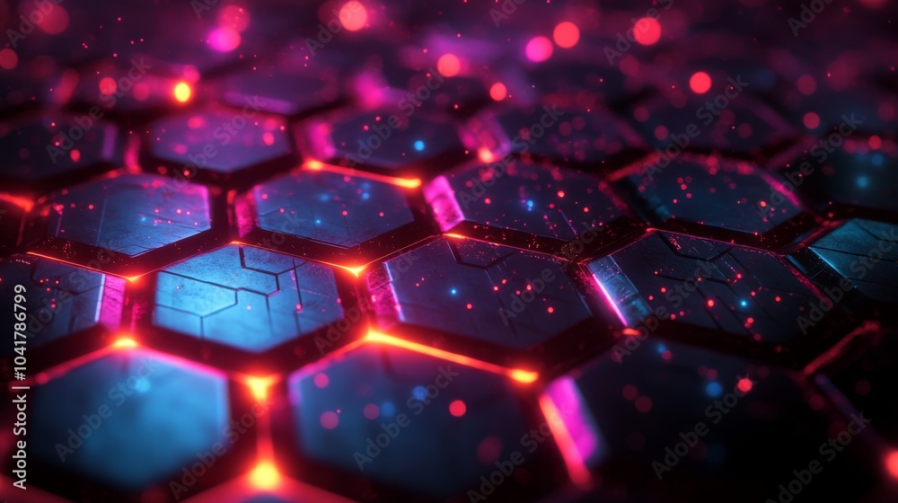 Poster A visually captivating arrangement of hexagonal shapes illuminated by vibrant colors and glowing particles creates an engaging and futuristic atmosphere.