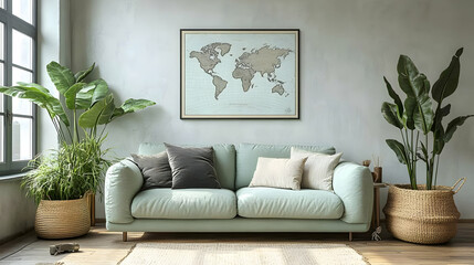Modern Living Room with Green Sofa & World Map Art