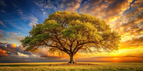 Obraz premium A majestic tree stands tall with its branches stretching up towards the sky under a warm golden glow, view, scenic, outdoors