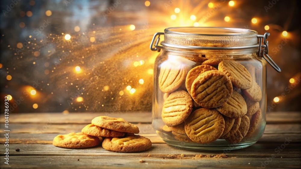 Poster a jar of freshly baked cookies sits on a wooden table with a warm glow of lights in the background.
