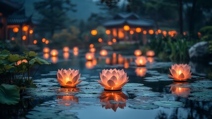 Colorful paper lanterns reflecting in a calm pond, creating a magical and serene atmosphere, very realistic