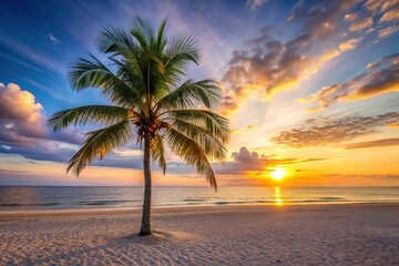 Fototapeta premium A lone palm tree stands tall on a sandy beach at sunset with its leaves swaying gently in the ocean breeze, sunsets, foliage