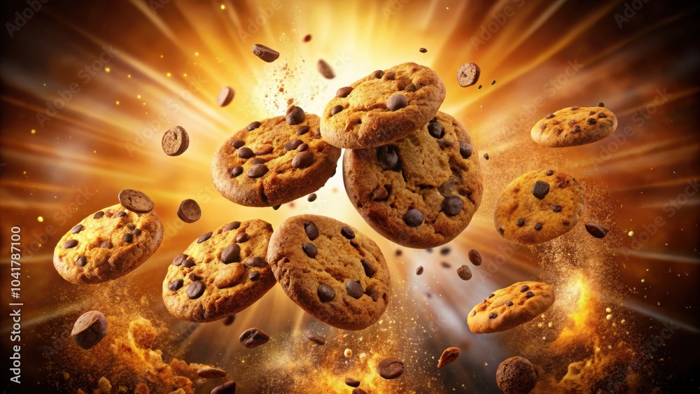 Poster chocolate chip cookies exploding in a shower of crumbs and chocolate chips