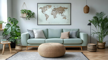 Living Room Decor with World Map, Plants, and Pillows