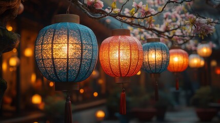 Colorful lanterns made of paper and fabric, glowing softly in a tree-filled courtyard, very realistic