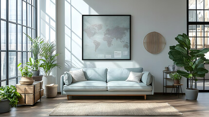 Modern Living Room Design with a World Map and Plants