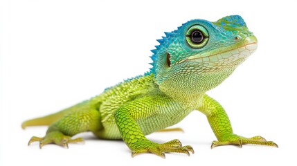 Obraz premium Rare Cuban knight anole, with its vivid green and blue scales, standing against a white background.