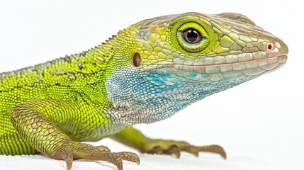 Fototapeta premium Rare Cuban knight anole, with its vivid green and blue scales, standing against a white background.
