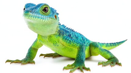 Obraz premium Rare Cuban knight anole, with its vivid green and blue scales, standing against a white background.