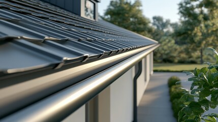 Fototapeta premium Detailed shot of flat, minimalist roof gutters on a prairie-style home, highlighting the clean lines and smooth, metallic surface, very realistic